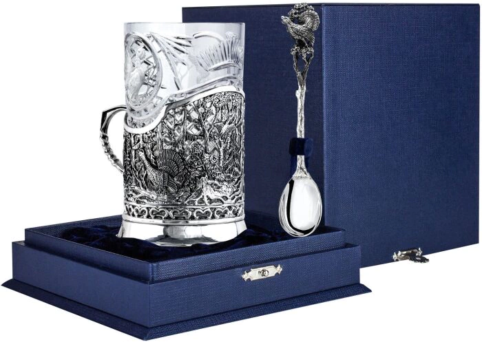 Silver cup holder "Capercaillie hunting"