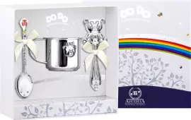 Набор серебряный для малышей DODO "Мишка - малышка": кружка, ложка, погремушка с позолотой и с эмалью, на 1 персону