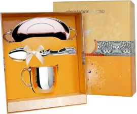 Набор детский серебряный КД "Котик": блюдце, кружка, ложка с с эмалью, на 1 персону