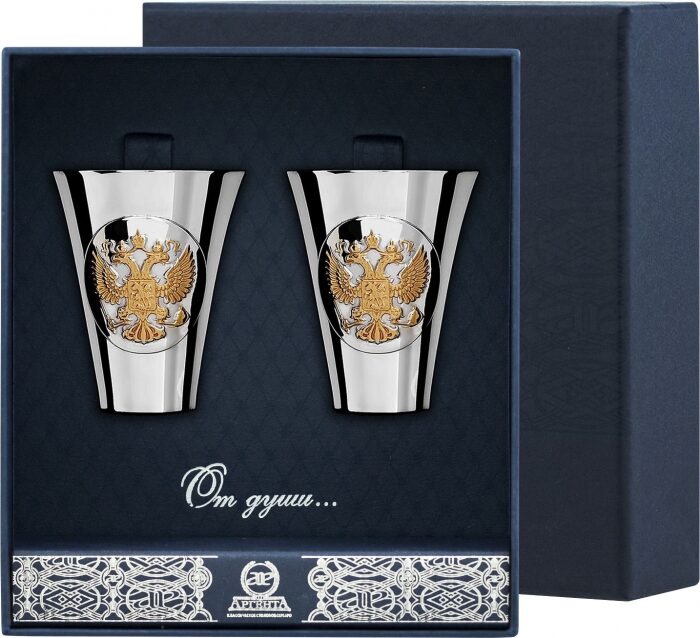 Набор стопок для водки из серебра "Герб" с позолотой на 2 персоны