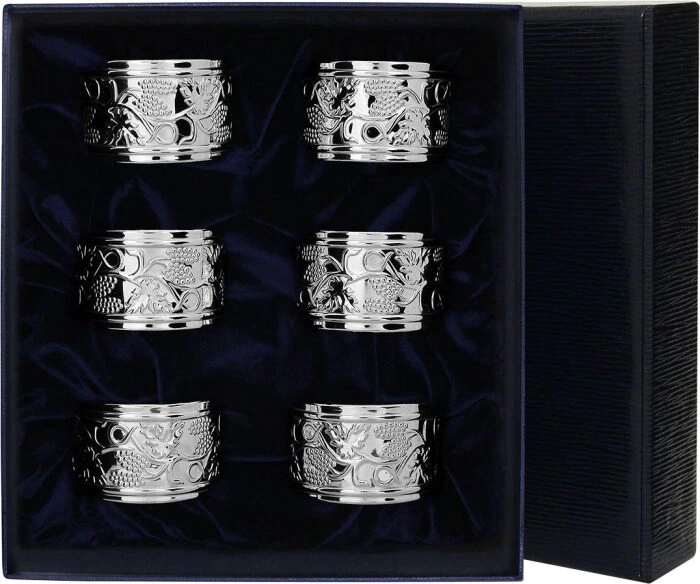 Set of 6 silver rings for napkins "Grapes"