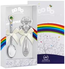 Набор серебряный для малышей DODO "Лягушонок": ложка и погремушка, на 1 персону