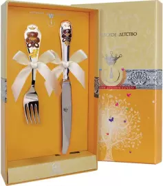 Набор детских серебряных столовых приборов КД "Мишка" с эмалью, на 1 персону