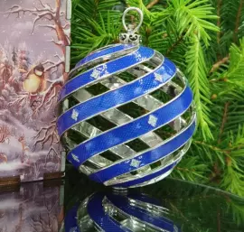 Christmas tree ball with a wide stripe, enamels and cubic zirconia