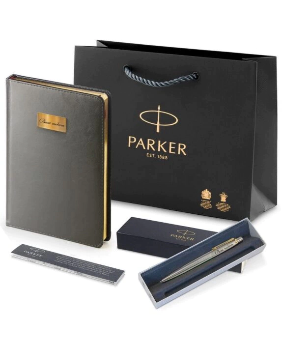Engraved set: grey diary and ballpoint pen "Jotter Essential" St. Steel GT M