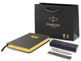 Набор с гравировкой: ежедневник серый и шариковая ручка "Jotter Essential" St. Steel GT M