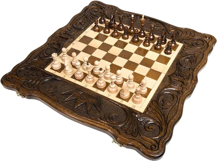 Carved chess, backgammon and checkers from beech "Crown of the Monarch"