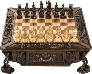 Carved chess set in a casket "On the shoulders of Atlanteans"