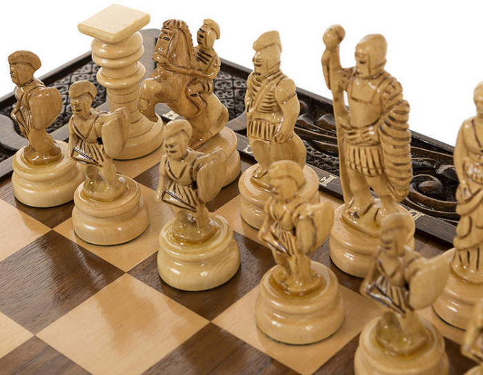 Carved chess set in a casket "On the shoulders of Atlanteans"