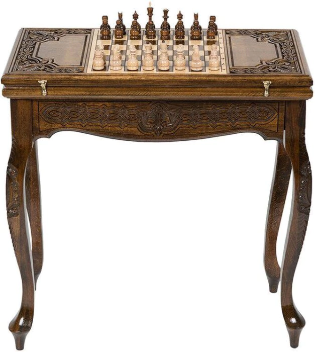 A chess table made of beech "Patterned" carved, with chess and backgammon