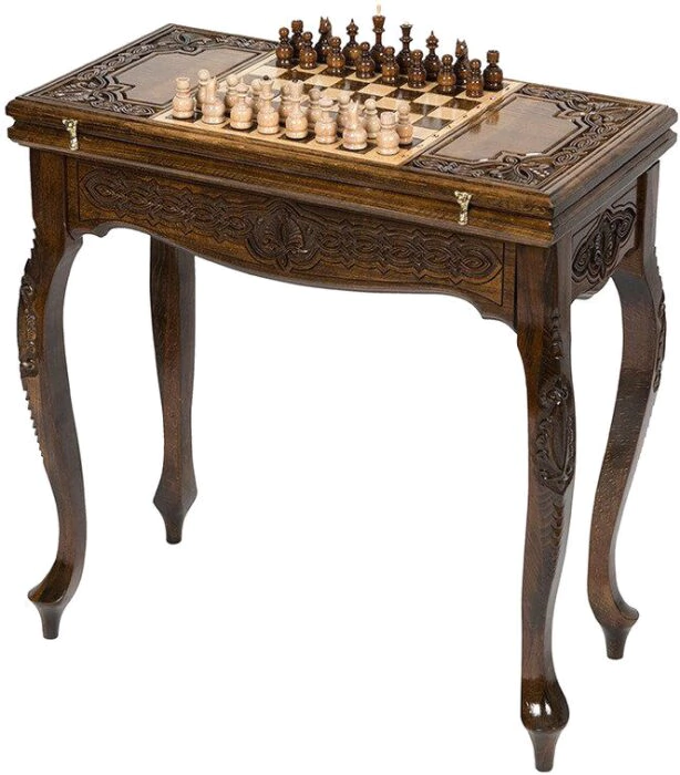 A chess table made of beech "Patterned" carved, with chess and backgammon
