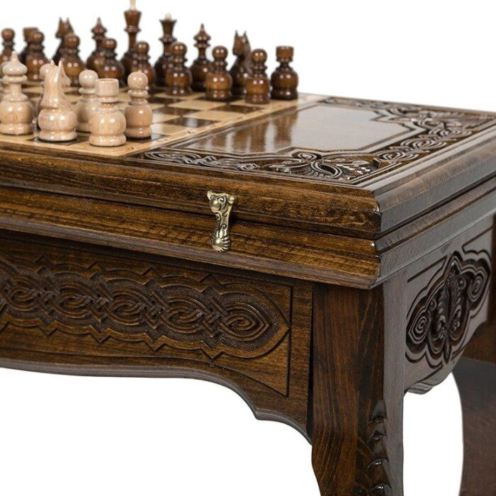 A chess table made of beech "Patterned" carved, with chess and backgammon