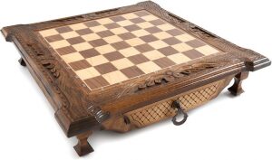 Carved chess set in a casket "Ornament" small, with drawers