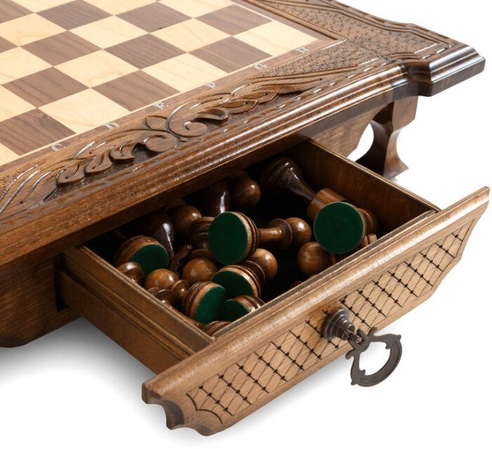 Carved chess set in a casket "Ornament" small, with drawers