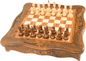Chess made of precious wood in the casket "Camellia" carved, small