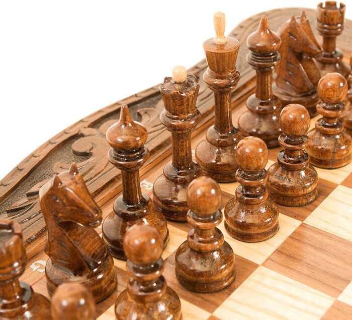 Chess made of precious wood in the casket "Camellia" carved, small