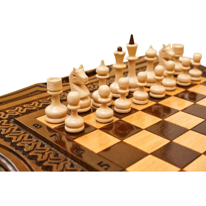 Carved chess, backgammon and checkers from beech "Volna" small