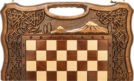 Carved chess, backgammon and checkers made of beech "Mountain peaks" small, with a handle