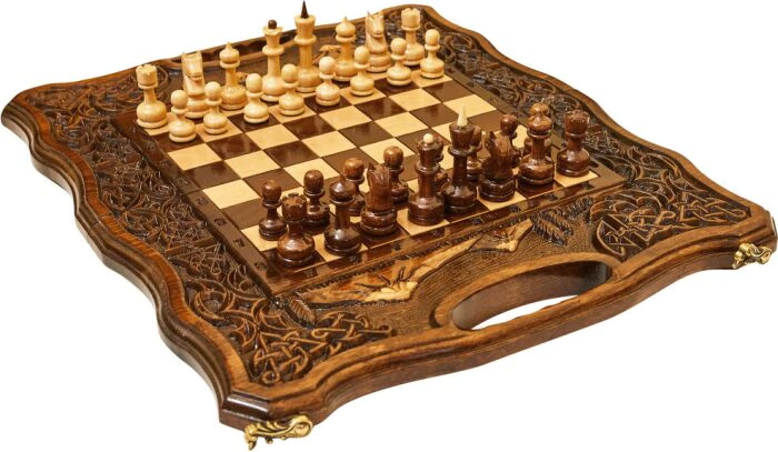 Carved chess, backgammon and checkers made of beech "Mountain peaks" small, with a handle