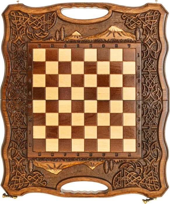 Carved chess, backgammon and checkers made of beech "Mountain peaks" small, with a handle