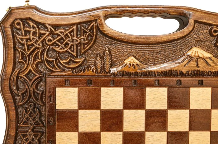 Carved chess, backgammon and checkers made of beech "Mountain peaks" small, with a handle
