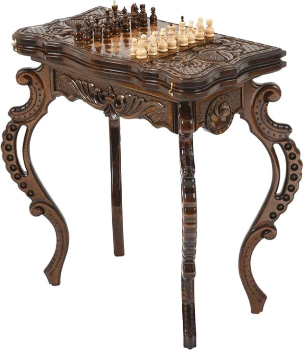 Carved beech "Flowers" chess table with chess and backgammon