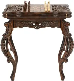 Шахматный стол из бука "Цветы" резной, с шахматами и нардами Шахматный стол из бука "Цветы" резной, с шахматами и нардами