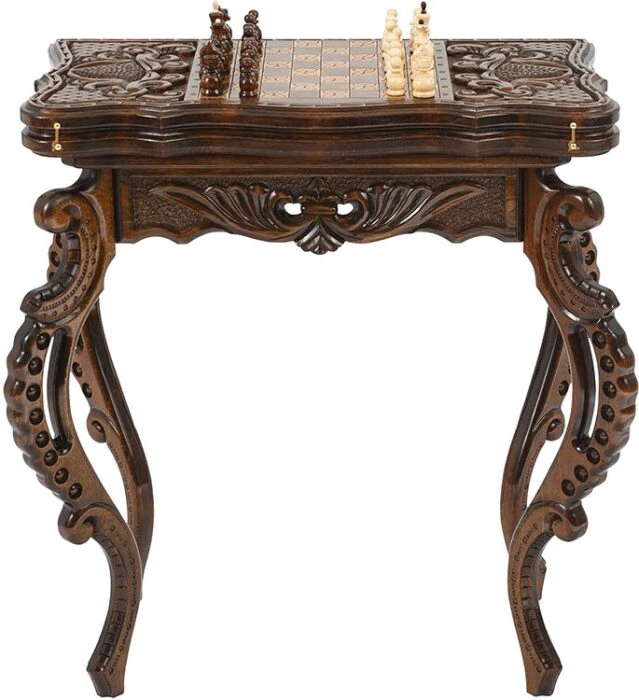 Carved beech "Flowers" chess table with chess and backgammon