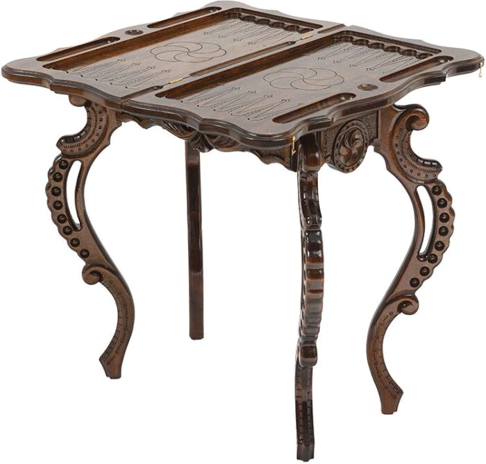 Carved beech "Flowers" chess table with chess and backgammon