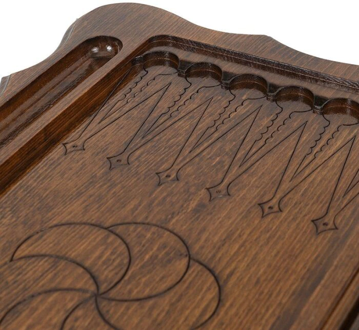 Carved beech "Flowers" chess table with chess and backgammon