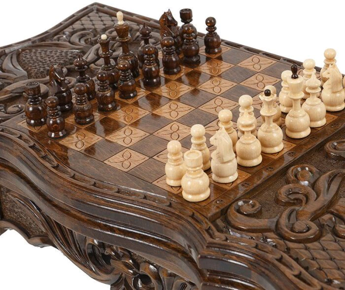 Carved beech "Flowers" chess table with chess and backgammon