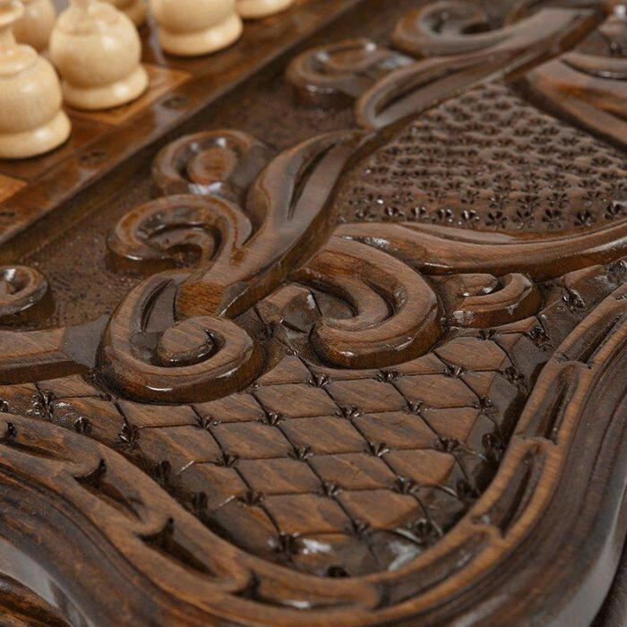 Carved beech "Flowers" chess table with chess and backgammon