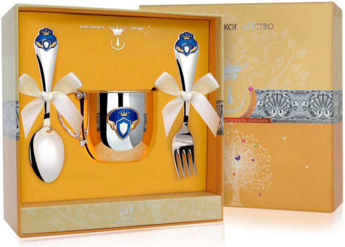 Silver children's CD set "Prince": fork, mug, spoon with gilt and enamel