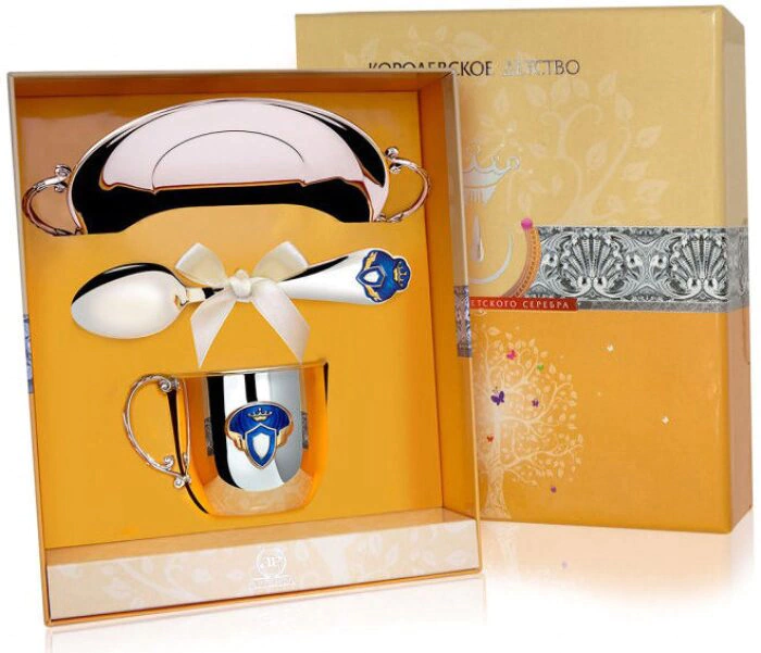 Set of children's silver CD "Prince": saucer, mug, spoon with gilding and enamel