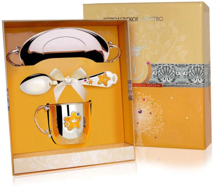 Children's silver CD "Zvezda" set: saucer, mug, spoon, with gilding and enamel