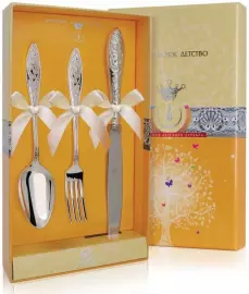 Набор детских серебряных столовых приборов КД "Морозко": вилка, ложка, нож, на 1 персону