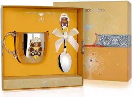 Набор детский серебряный КД "Мишка": кружка и ложка с позолотой с эмалью, на 1 персону