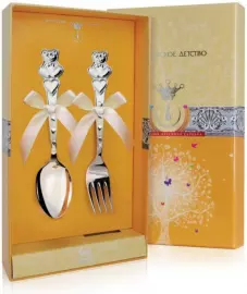 Набор детских серебряных столовых приборов КД "Мишка с сердечками": вилка и ложка, на 1 персону