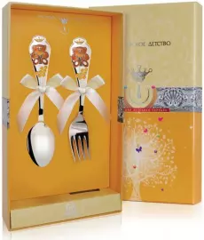 Набор детских серебряных столовых приборов КД "Мишка": вилка и ложка с позолотой с эмалью, на 1 персону