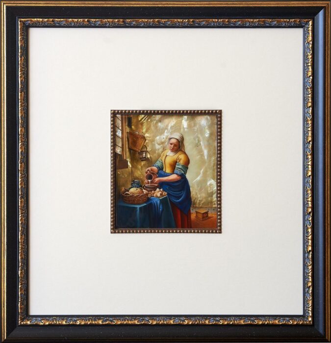 A copy of the painting by Jan Vermeer "Thrush" with mother of pearl