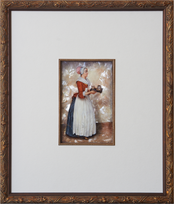 A copy of Jean-Etienne Liotard's painting "The Chocolate Maker" with mother of pearl
