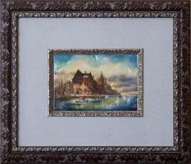 Копия картины Элиас Питер ван Боммель "Катание на коньках на городской реке" с перламутром