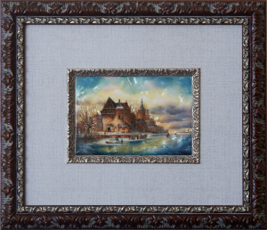 A copy of the painting by Elias Peter van Bommel "Skating on the city river" with mother of pearl