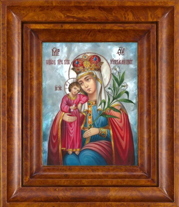 Icon of the Mother of God "Unfading Color" with mother of pearl