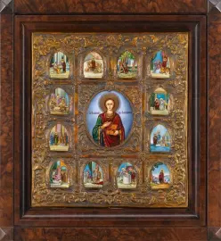 Икона "Святой Пантелеймон с житием" с перламутром