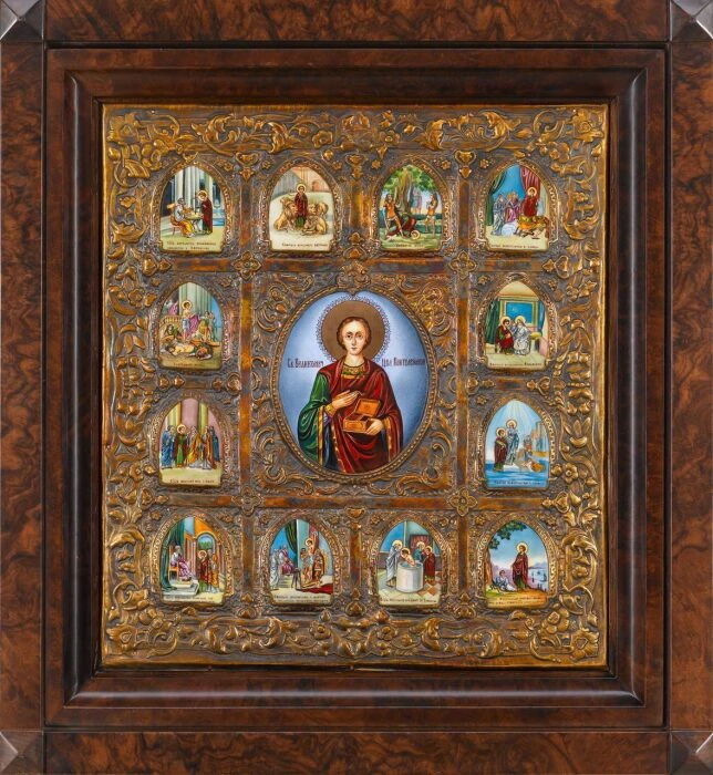 Icon "Saint Panteleimon with life" with mother of pearl