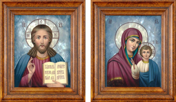 Wedding couple "Kazan Mother of God and Savior" with mother of pearl