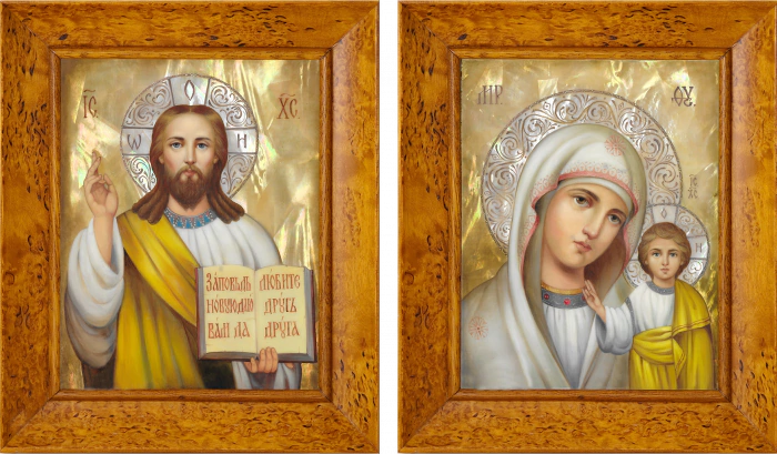 Wedding couple "Kazan Mother of God and Savior", small with mother of pearl
