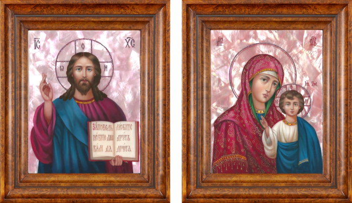 Wedding pair of icons "Kazan Mother of God and Savior", small with mother of pearl