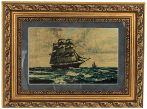 Painting on gold leaf "Sailboat" grey velvet (in an oak box)